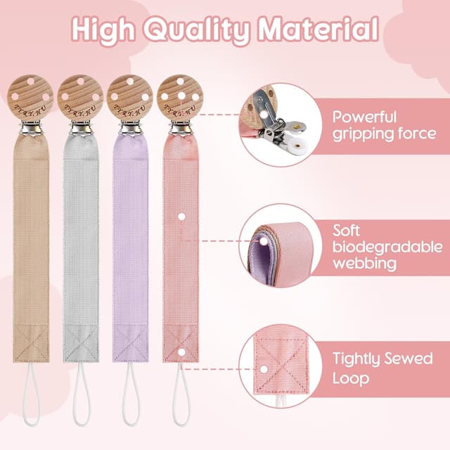 Detalle de TYRY.HU 4-Pack Handmade Fabric Dummy Clip & Pacifier Chain Holder (Unisex, Fits Most Pacifiers)