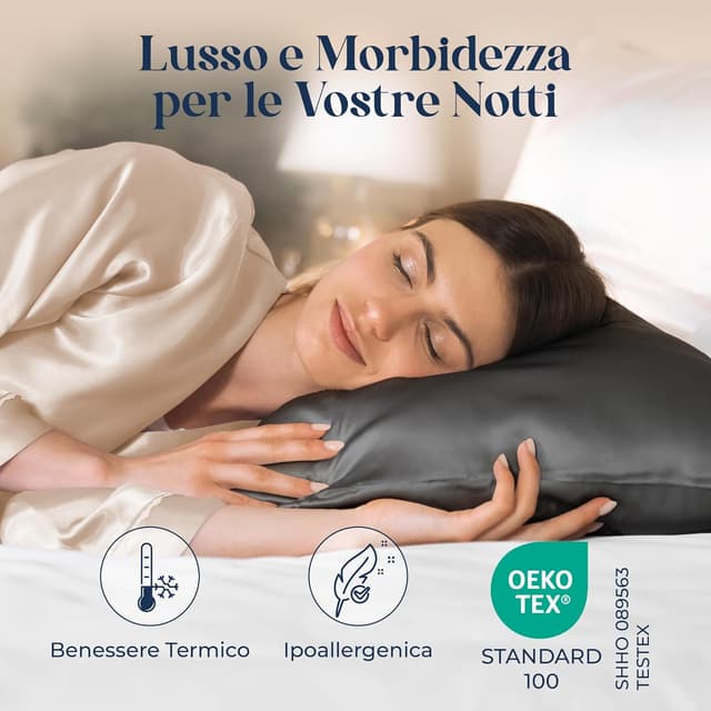 Detalle de DREAMZIE Federa Sera 40x40 cm in seta ipoallergenica 19 momme, con cerniera nascosta (Grigio Scuro) certificata OEKO-TEX