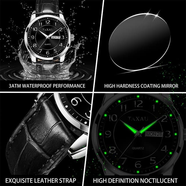 Detalle 2 de Taxau Herren-Armbanduhr mit Quarz, wasserdicht (30 m) und großem Zifferblatt – mit Tag/Datum