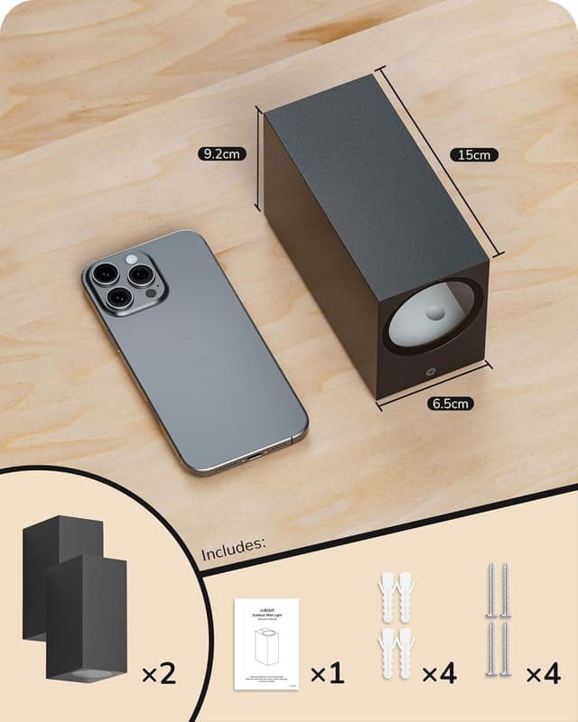 Detalle de EDISHINE Up and Down Outdoor Wall Lights (IP44) in Matte Black, Clear Tempered Glass – 2 Pack