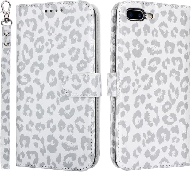 Detalle 2 de Zouzt PU Leather Wallet Case for iPhone 8 Plus / 7 Plus (5.5-inch) with Credit Card Slots & Adjustable Kickstand – White Leopard
