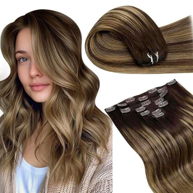 Detalle de LaaVoo Clip-in Echthaar Balayage Extensions (50 cm) Dunkelbraun/Karamellblond, Remy, 7-teilig, 105 g