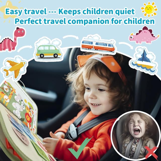 Detalle 2 de Sumtoco Busy Board „Dinosaurier“ – Montessori-Spielzeug 1–4 Jahre, 9-in-1 Filz-Quiet-Book