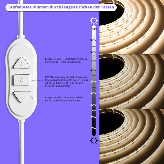 Detalle de OULARA USB COB LED Streifen 5V (4000K, 3 m) dimmbar mit Speicherfunktion – warmweiß/natürliches Weiß