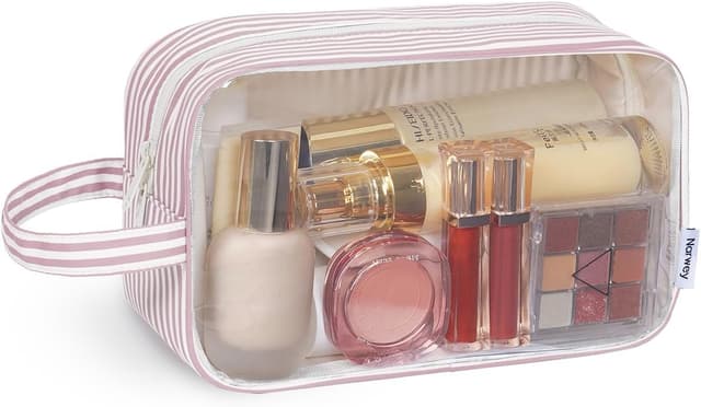 Detalle de Narwey Clear Travel Toiletries Bag (Dusty Pink Stripe) – Large Transparent Wash Bag for Women & Men