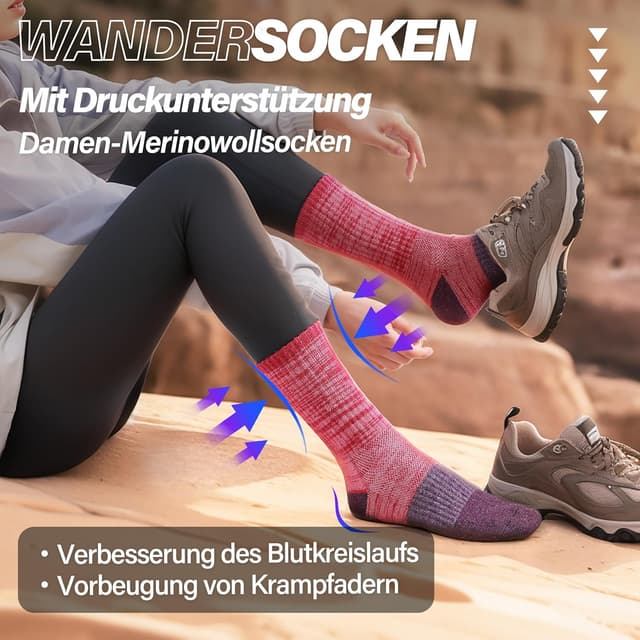 Detalle de MOSEY KOSY Merino Damen-Wandersocken (Thermosocken), 5 Paar – atmungsaktiv & gepolsterte Fußsohle