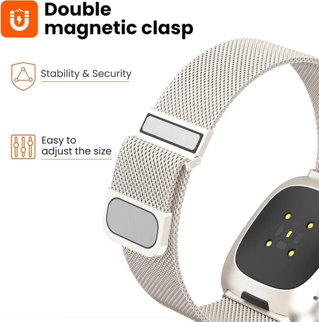 Detalle 2 de Yoohoo stainless steel magnetic replacement straps for Fitbit Versa 3, Versa 4 & Sense 2 (Starlight)