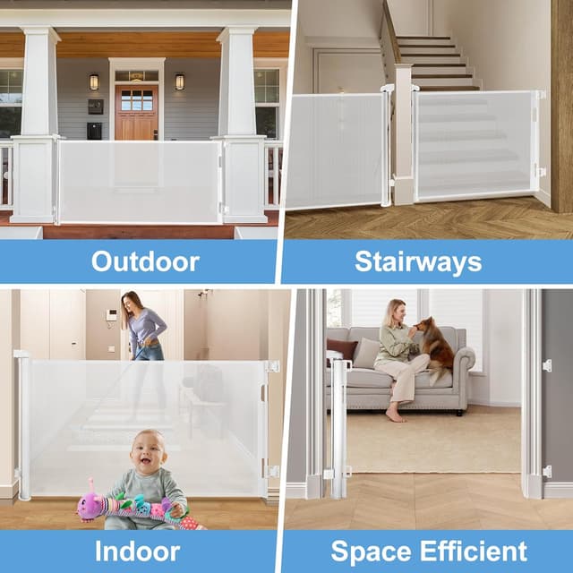 Detalle de Retractable Mesh Safety Baby or Dog Gate (86cm tall), expands to 140cm wide – White 2 pack