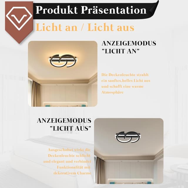 Detalle de LUOLONG LED Deckenleuchte 30 cm schwarz, 25 W, 3000 K – runde 2-Ring-Lampe für Wohnzimmer & Schlafzimmer