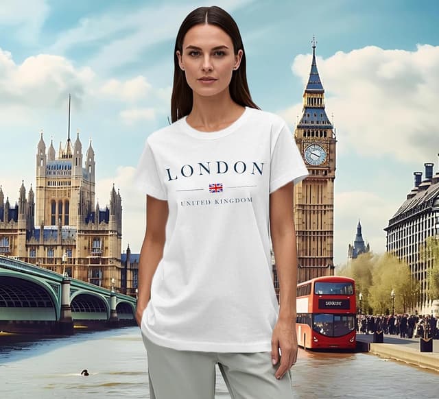Detalle de Qskall women’s Union Jack T-shirt with London print – breathable relaxed fit tee