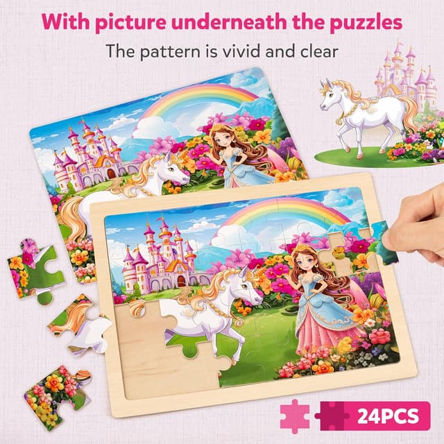 Detalle de SYNARRY Unicorn Princess Fairy wooden jigsaw puzzle set (4 packs, 24 pieces) for ages 3–6