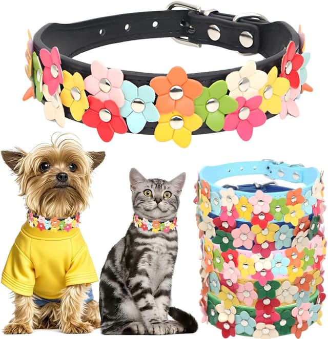 Detalle de Hotlion Small Dog Collar with Flower – PU leather adjustable dog collar (Size S, Black)