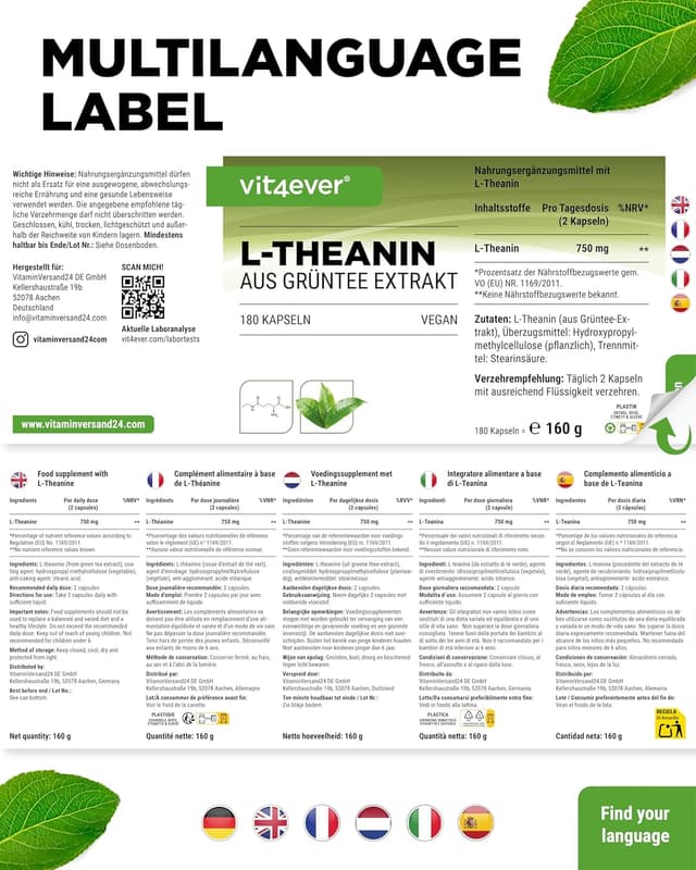 Detalle 2 de L-Theanin – 180 Kapseln mit 750 mg pro Tagesportion (2 Kapseln) aus Grüntee-Extrakt – vegan