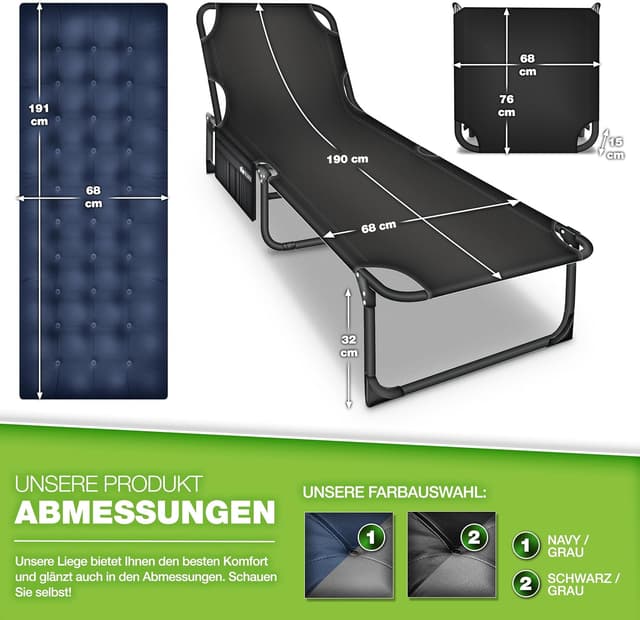 Detalle de tillvex® Campingbett klappbar mit Nackenkissen & Seitentasche – Feldbett für Camping, Garten und Gäste (bis 280 kg)