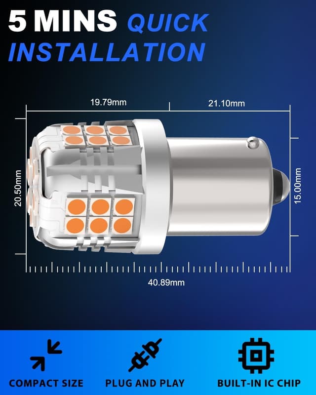 Detalle 2 de GZ5CG 2PCS 1156 BA15S Amber Yellow LED Bulbs (382 / P21W) for 12V indicator lights (non-Canbus)