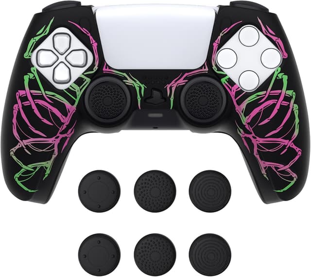 Detalle de playvital Pure Series Anti-Slip Silicone Cover Skin for PS5 Controller (Thumb Grip Caps) – Carving Skull Pink & Green