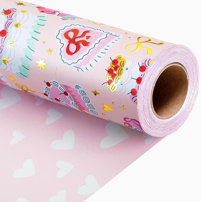 Detalle 2 de Wikadlik Pink Wrapping Paper (43cm x 10m) – romantic cakes and hearts mini roll gift wrap