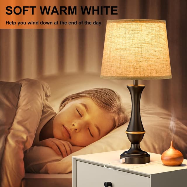 Detalle 2 de Seealle Upgraded Touch Lamps for Night Stands (Set of 2) with USB-C + USB-A, 3-Way Dimmable