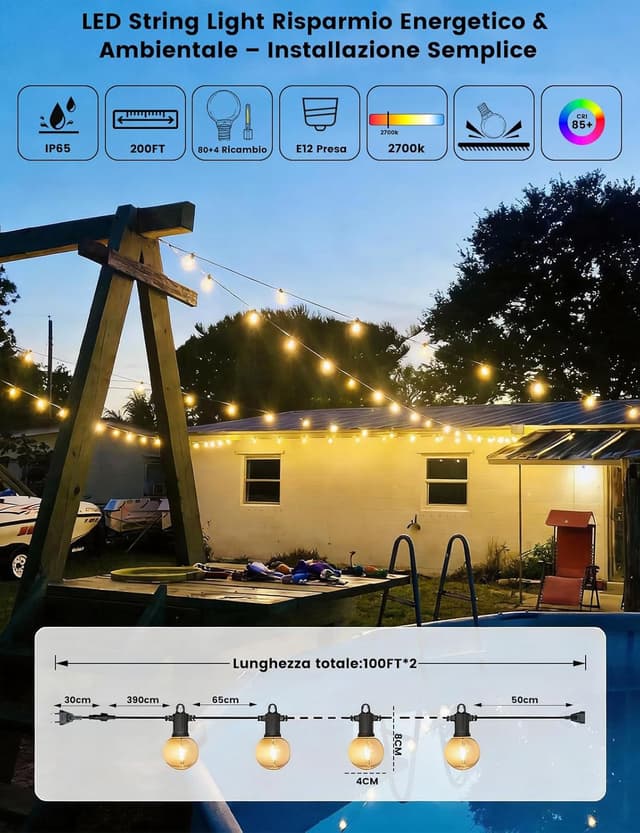 Thumbnail 6 de ZOTOYI catena luminosa LED per esterno 60 metri con lampadine G40, bianco caldo, IP65