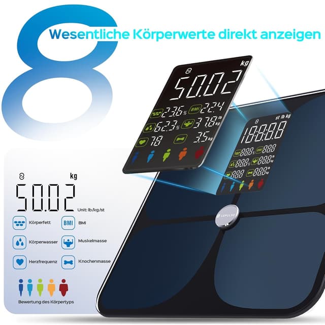 Detalle de Lepulse Lescale F4 Körperfettwaage mit App-Synchronisation, 22 Körpermaße & Trend-Tracking