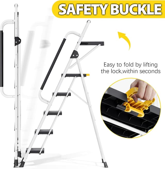 Detalle de KINGRACK Folding 5-Step Ladder Step Stool with Safety Lock (800 lbs Capacity) – White