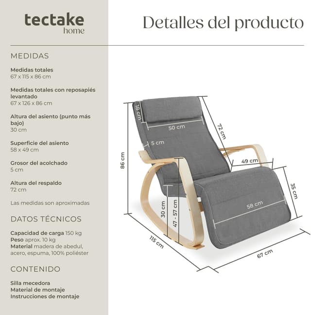 Thumbnail 2 de tectake® Silla Mecedora Ergonómica 5 posiciones