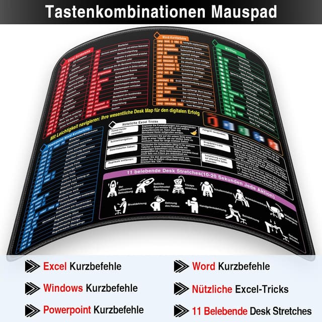 Detalle de Gaming-Mauspad 300x250x3 mm mit Office-Shortcuts (Excel/Word/PPT) – kleine Schreibtischunterlage für PC, Büro & Studium