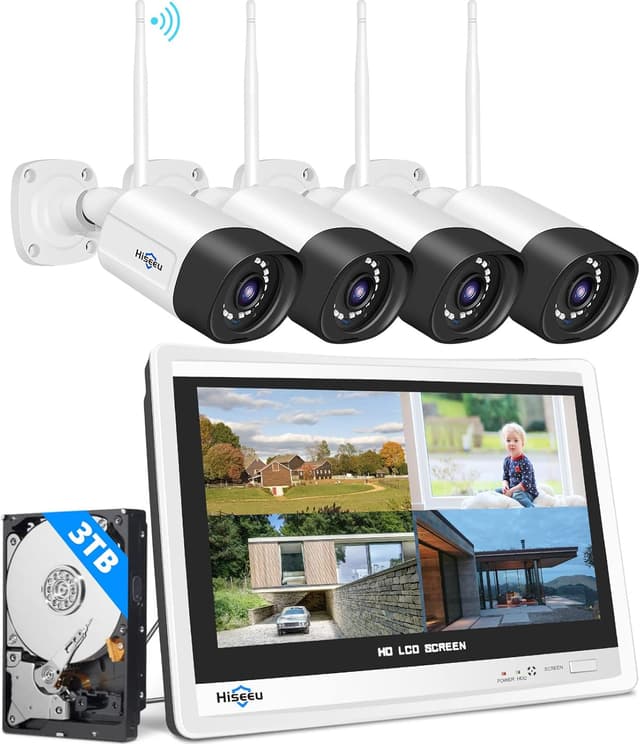 Detalle de Hiseeu kit videosorveglianza WiFi esterno 5MP + NVR 10CH con monitor 12” e HDD 3TB