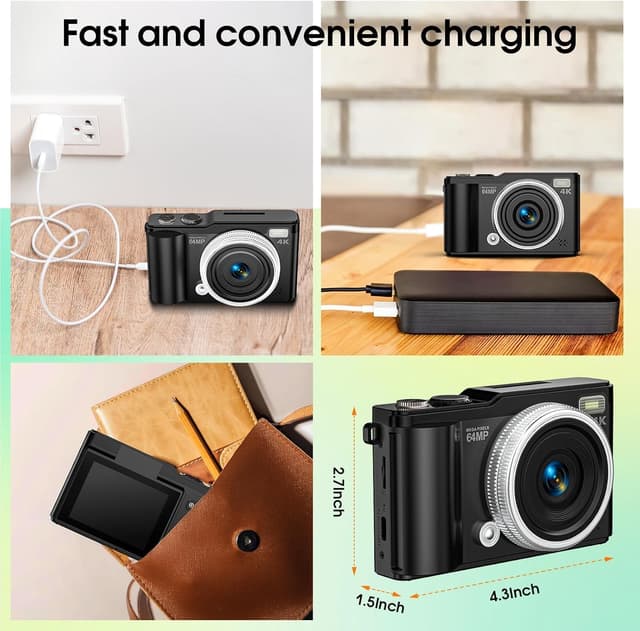 Thumbnail 6 de Compact Digital Camera (4K 64MP) with Autofocus, Macro Mode & 180° Flip-Up Screen – Portable 32GB Micro SD Kit