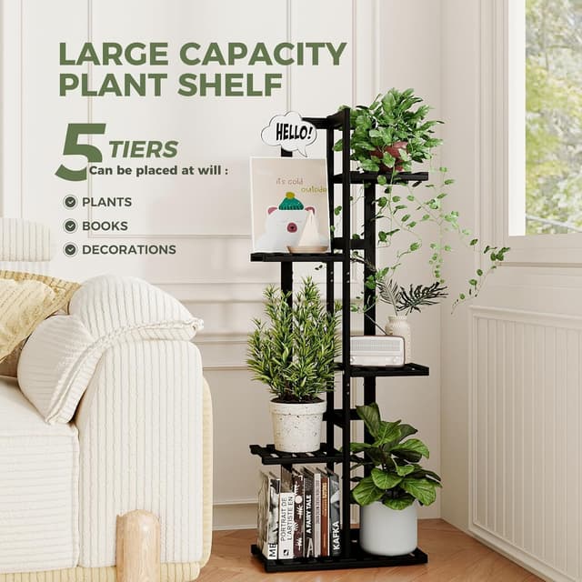 Detalle 2 de Bamworld 5-Tier Bamboo Corner Plant Stand (Black) for Indoor Window Gardens & Balconies