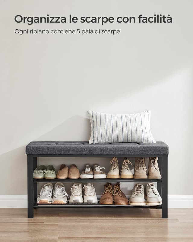 Detalle de SONGMICS Panca scarpiera con sedile imbottito e scaffale a 3 ripiani LBS579B01 (grigio scuro e nero)