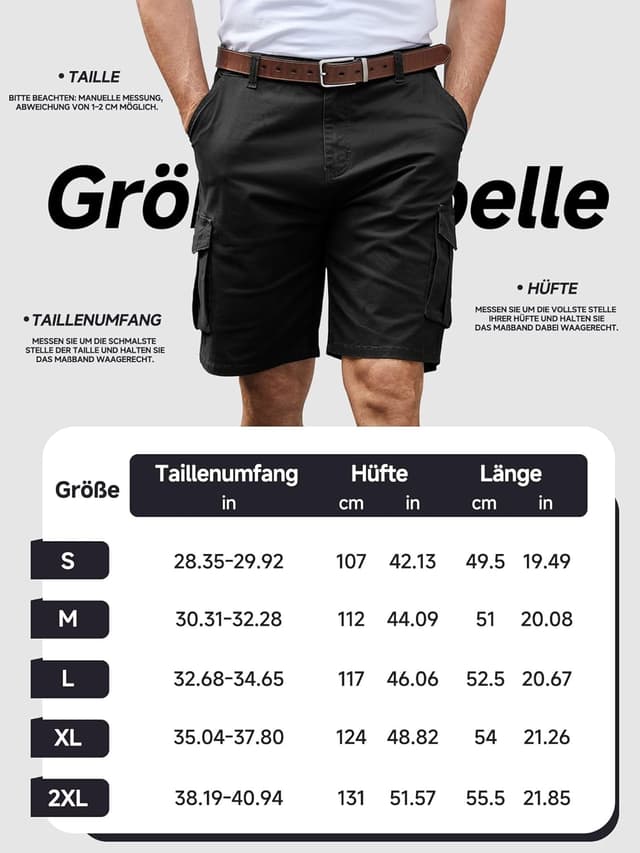 Detalle de StylSense Herren Cargo-Shorts aus Baumwolle mit 6 Taschen – kurze Cargohose für den Sommer