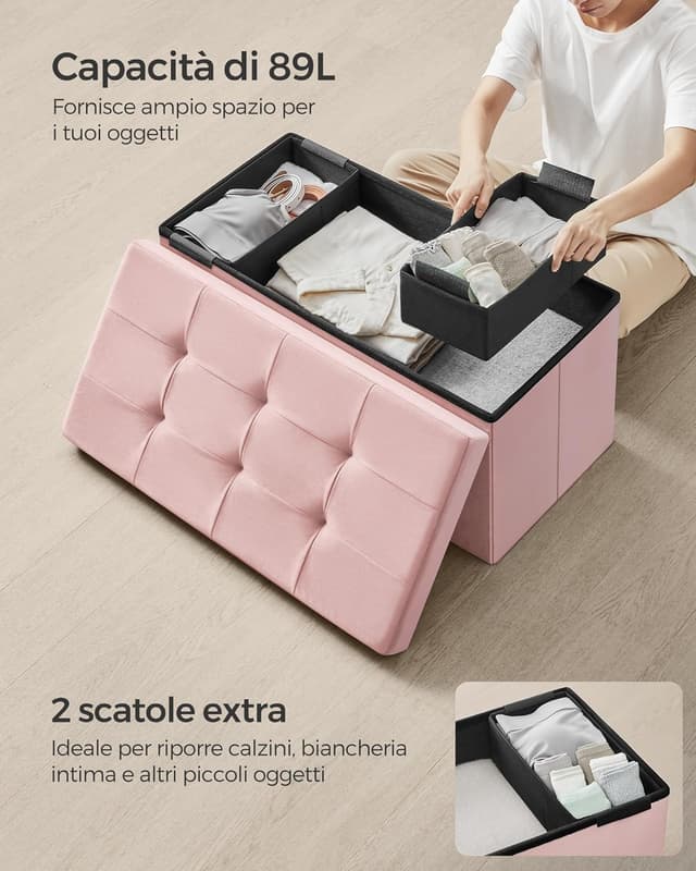 Detalle de SONGMICS cassapanca/pouf contenitore pieghevole rosa pastello LSF247R01, 38 x 76 x 38 cm, fino a 300 kg