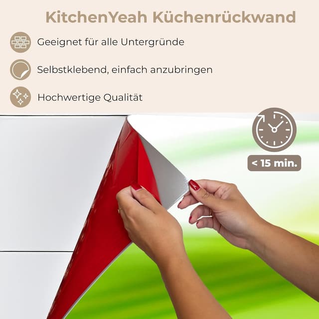 Detalle 2 de KitchenYeah© Küchenrückwand 60x300 cm mit Glasoptik-Design – selbstklebender Spritzschutz in Grün (abstrakt)