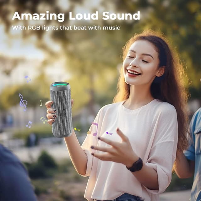 Detalle de RIENOK Bluetooth Speaker 30W (IP67) with Dual Pairing, Wireless Music, SD/AUX and RGB Lights