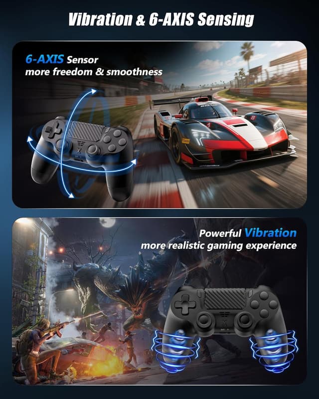 Thumbnail 3 de RUIZHI Wireless Controller für PS4 – Gamepad mit Turbo, Dual-Vibration, 6-Achsen-Gyro und Touchpad (PC-kompatibel) in Schwarz