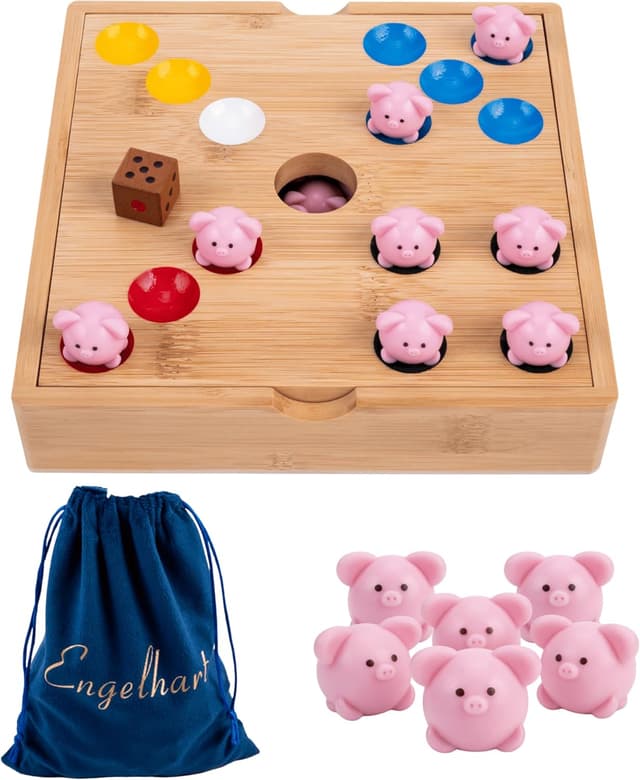 Detalle de Engelhart Ferkelrennen Würfelspiel – lustiges Schweine-Gesellschaftsspiel mit 60 Silikon-Schweinchen