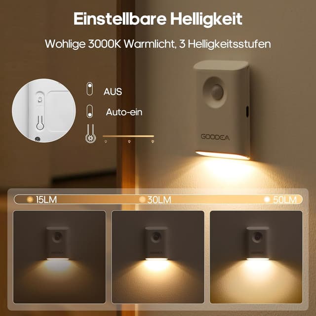 Thumbnail 6 de GOODEA Nachtlicht mit Bewegungsmelder (2er-Set), USB-C wiederaufladbar, dimmbar, warmweiß