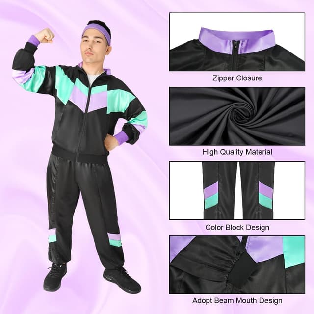 Detalle de Déguisement années 80 Aomig pour homme & femme – veste, pantalon et accessoires rétro disco (vert foncé, M)