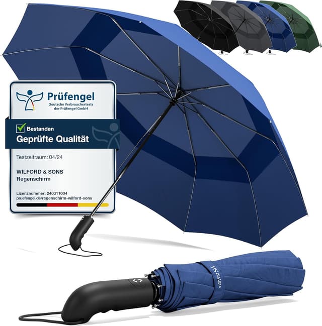 Detalle de Regenschirm Taschenschirm sturmfest mit Auf-Zu Automatik & Schirm-Tasche – Schwarz, kompakt & für Reise/Alltag