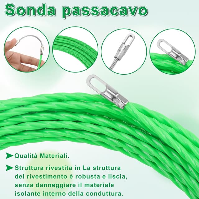 Detalle de Bomtop Sonda Passacavi Professionale 2 pezzi (15 m + 10 m) con testa a rulli e cavi d’acciaio