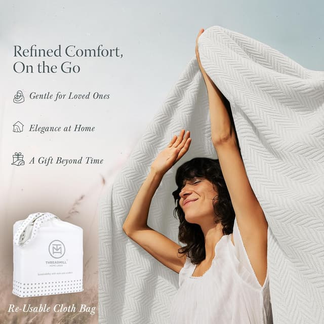 Thumbnail 6 de Threadmill Home Linen Luxury 100% Cotton King Blanket (Herringbone) – Tusk White, All-Season Cozy
