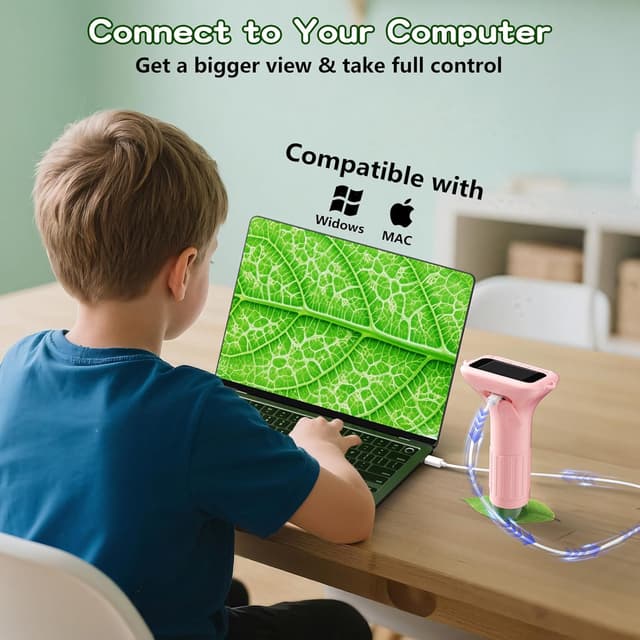 Detalle de Odatay Kids Digital Microscope (100X–1000X) with 1080P Camera, 12 Slides, Pink