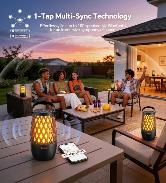 Detalle de BolaButty Outdoor Bluetooth Speaker with Lights (IPX5) — Multi-Sync Up to 100 Speakers, 3 Lighting Modes