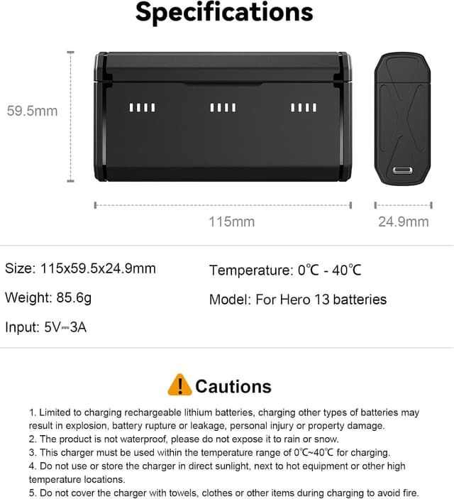 Thumbnail 6 de TELESIN Ladegerät für GoPro Hero 13 – Schnellladetasche mit 3 Steckplätzen und seitlicher Ladebuchse (kompatibel mit Original-Akku)