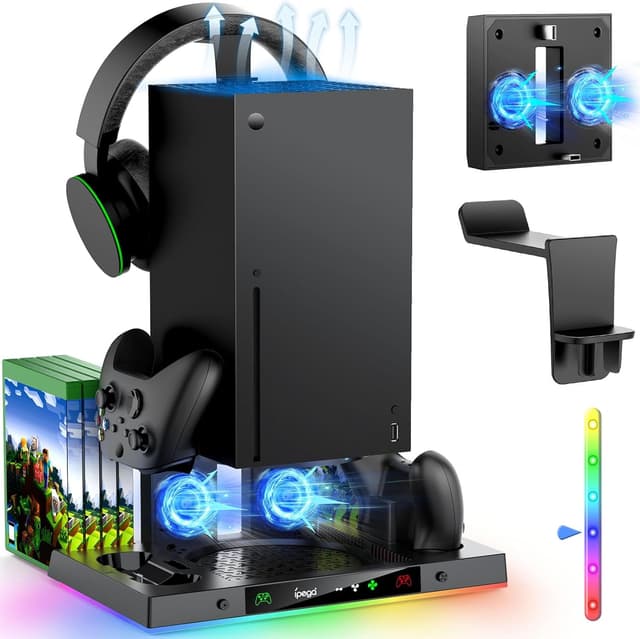 Detalle de MENEEA Upgraded Cooling Fan Charging Station for Xbox Series X (Dual Controller Dock + Cooler Stand, RGB Lights)