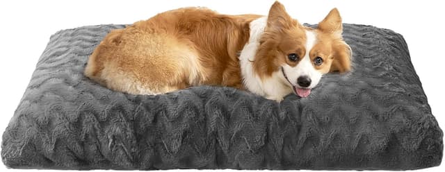 Detalle de EHEYCIGA Hundebett (89x58 cm) waschbar, umkehrbare Hundematte mit Kunstpelz & Kunstleinen – dunkelgrau