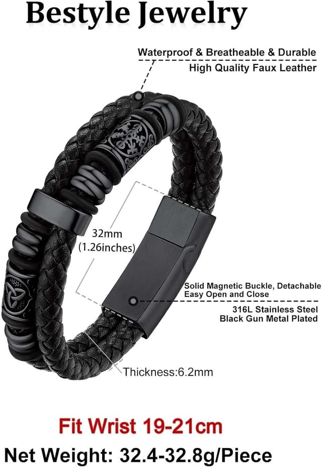Detalle de Bestyle Lederarmband für Männer aus Edelstahl mit Magnetverschluss – Gold/Silber/Schwarz, Flechtarmband (Längen 19/21/23/25 cm)