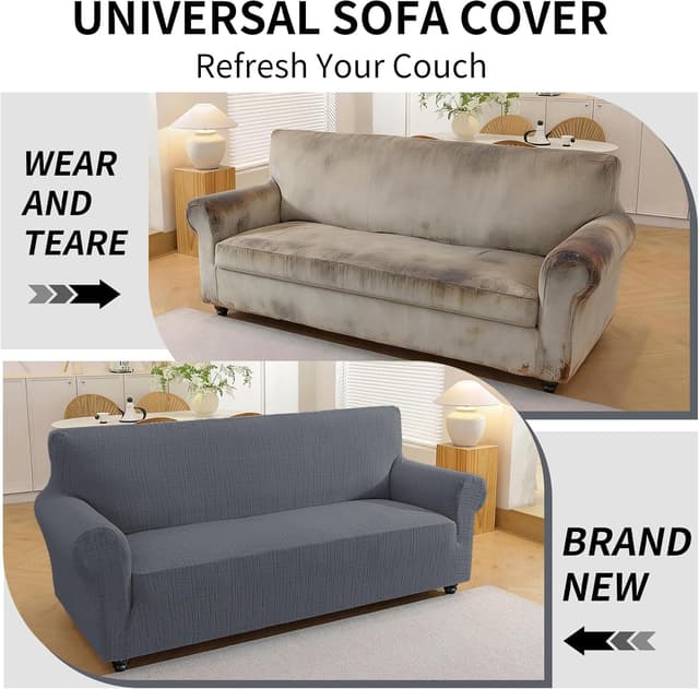 Detalle 2 de YSTELLAA housse de canapé extensible 3 places grise claire, antidérapante et anti-rayures