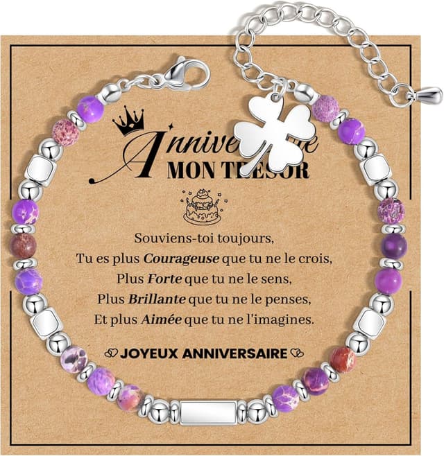 Detalle de Seyaa Cadeau Anniversaire Fille : bracelet en pierre naturelle personnalisable (trèfle à 4 feuilles)
